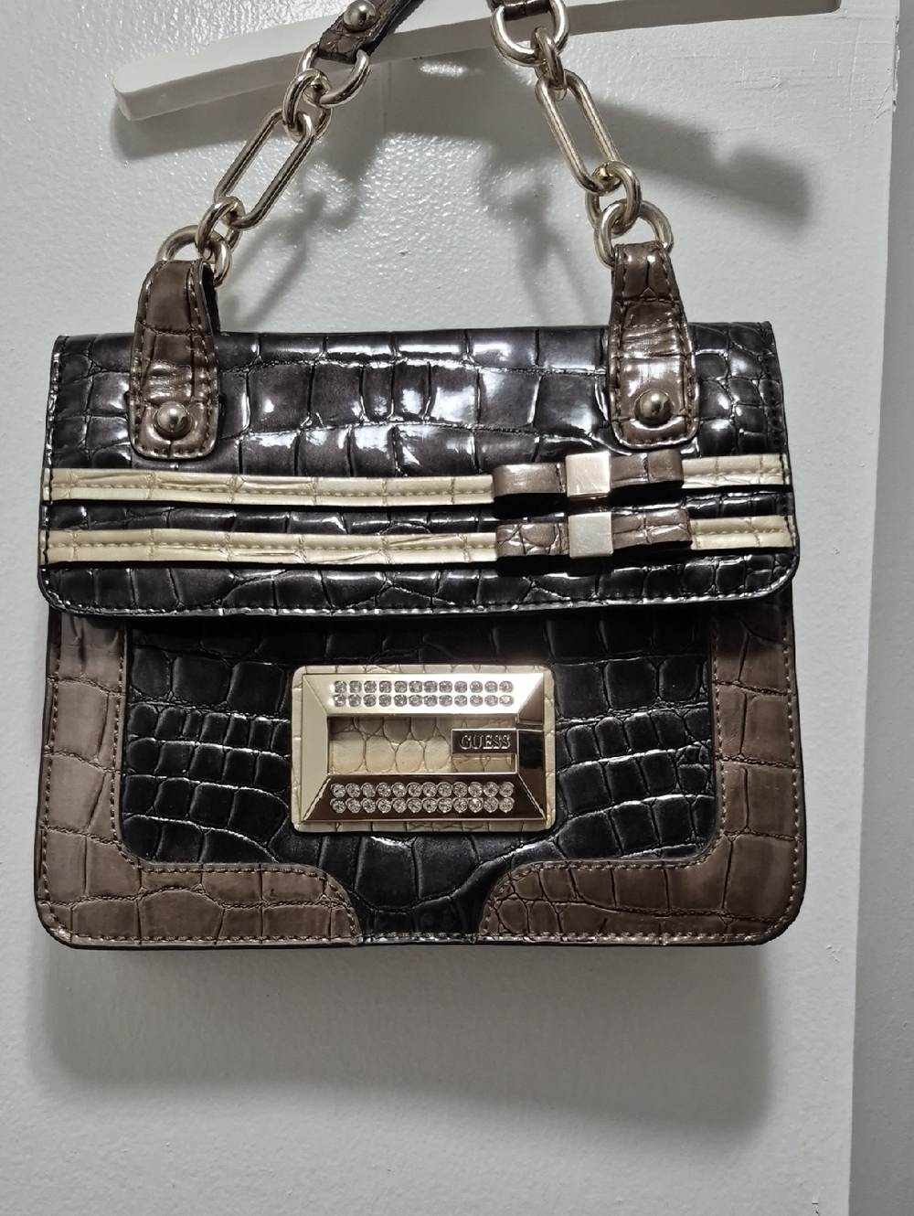 GUESS Brown and Black Croc-Embossed Satchel with Gold Plaque